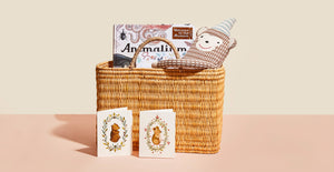 Dětská papírová přání k narození miminka medvídek a myška s košíkem dalších dětských radostí, knih a opičáka