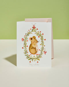 Originální ilustrované přání myška k narození miminka s obálkou