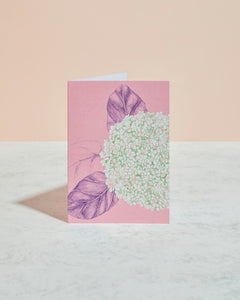 Papírové přáníčko s motivem hortenzie v růžové barvě přední strana