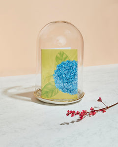 Designové přání s motivem hortenzie ve skleněné dóze a květinou