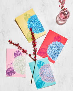 Balíček papírových přání s motivem hortenzií v různých barvách