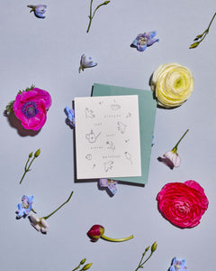 Romantické přání s porcelánem, ptáčky, květinkami a včelkami